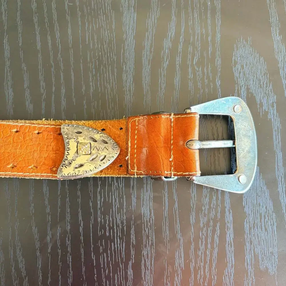 Vintage Western Brown Embossed Ostrich Leather Belt Silver Tone Metal 37”